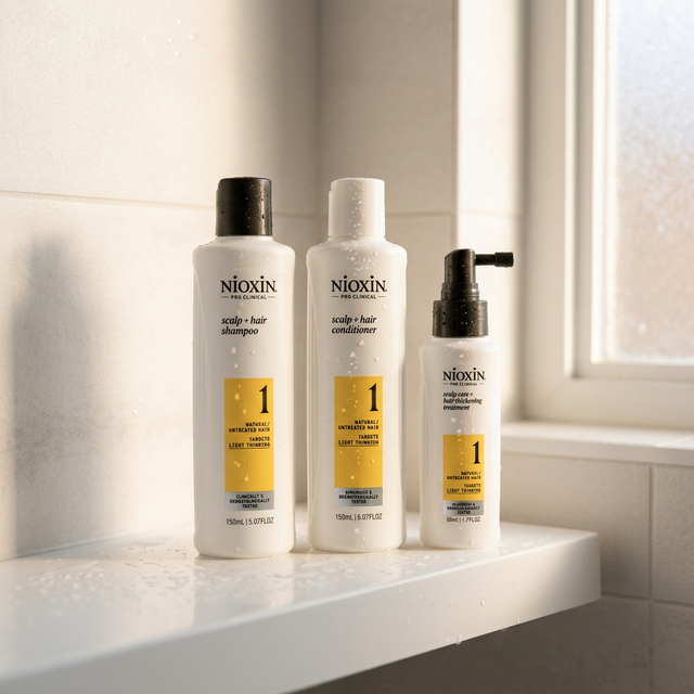 Три ступени системы NIOXIN: шампунь, кондиционер и маска