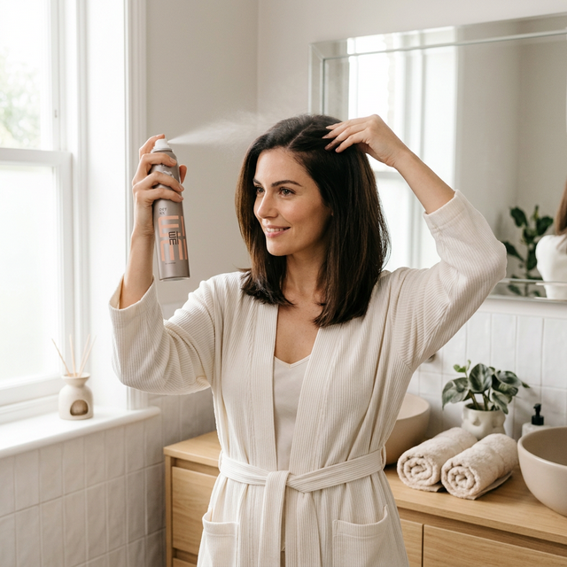 Девушка наносит сухой шампунь